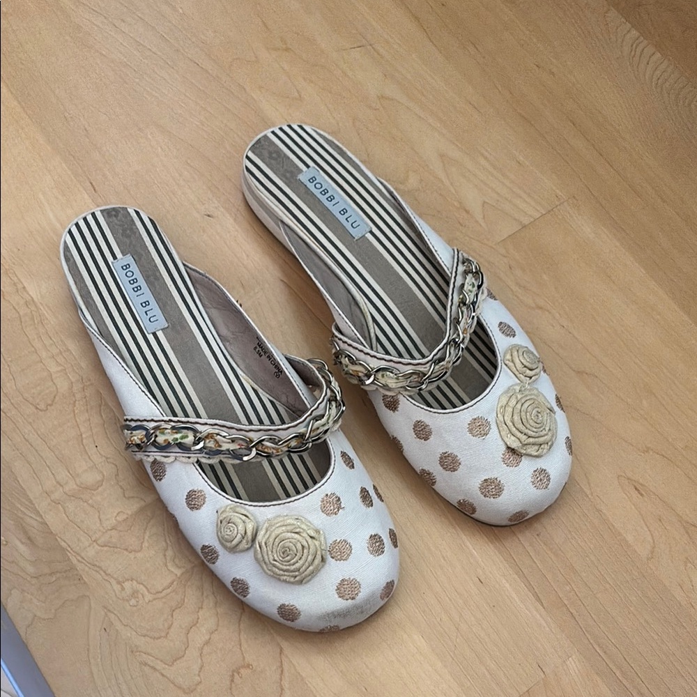 Cream and Gold Polka Dot Flats with Bow Detail
